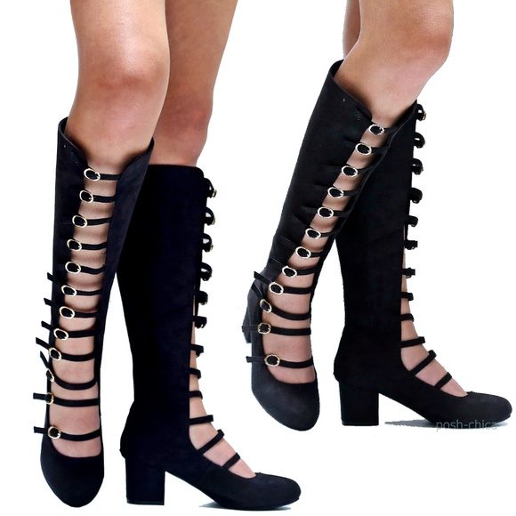 Shoes | New Black Buckle Mary Jane Knee High Heel Boots | Poshmark